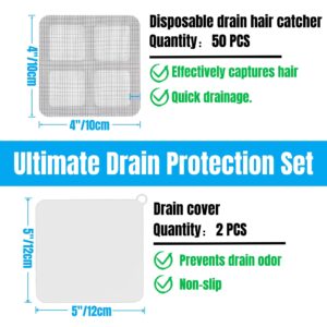 50 Pcs Shower Drain Hair Catcher Disposable, 4" X 4" Shower Drain Cover Mesh Stickers Easy to Install and Clean Suit for Bathtub, Bathroom, Kitchen and Laundry