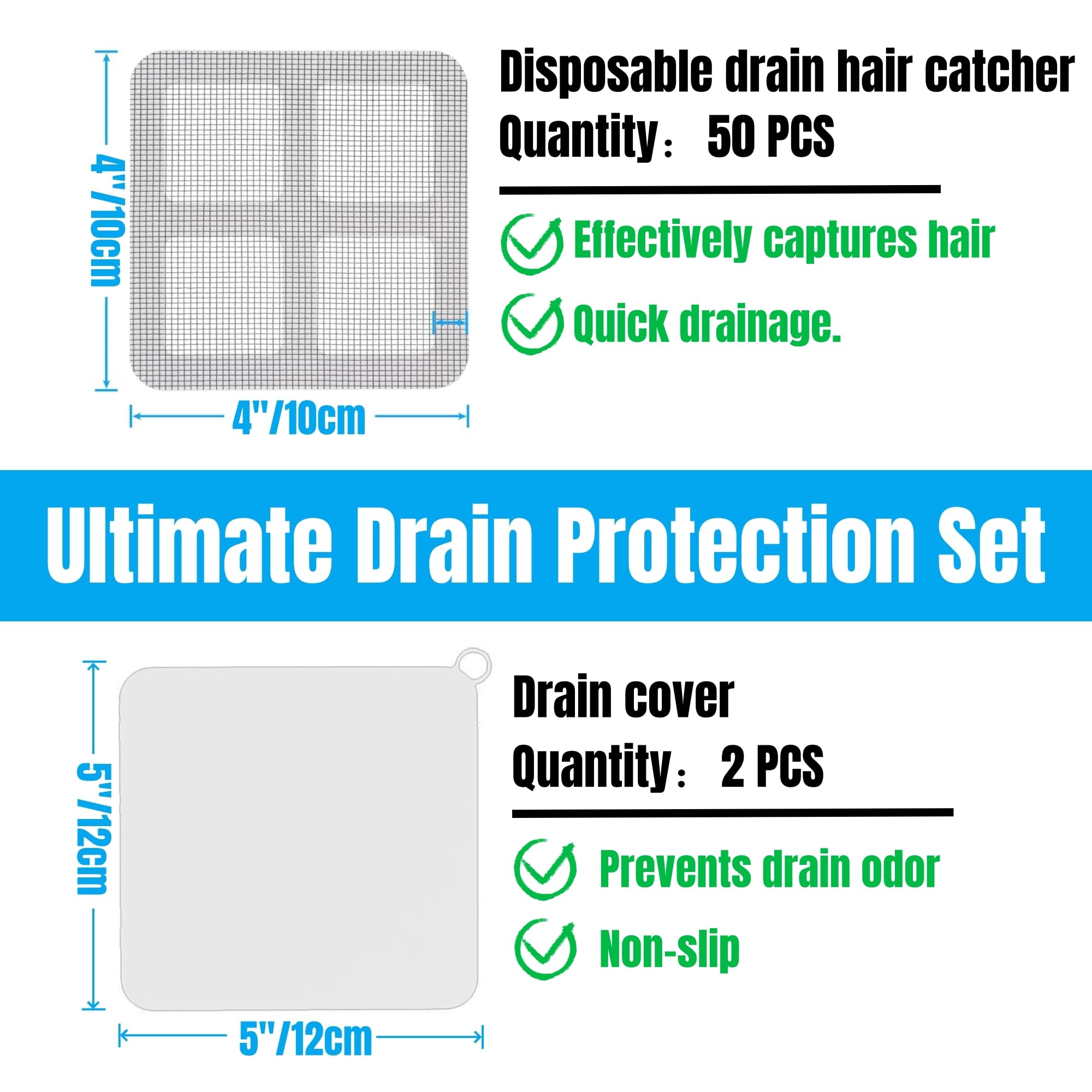 50 Pcs Shower Drain Hair Catcher Disposable, 4" X 4" Shower Drain Cover Mesh Stickers Easy to Install and Clean Suit for Bathtub, Bathroom, Kitchen and Laundry