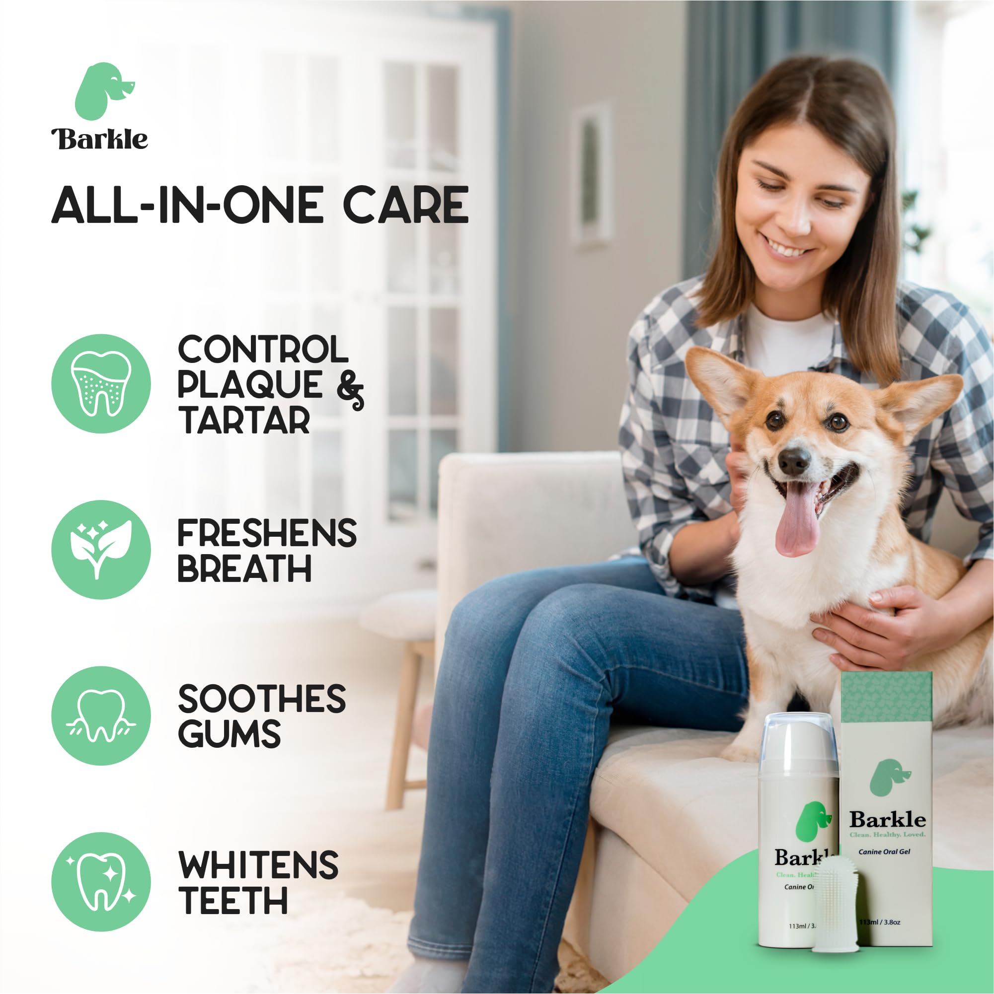 Barkle Dog Teeth Cleaning Gel | Best Dog Tooth Brushing Kit | Vet Reviewed to Eliminate Plaque, Tartar & Bad Breath | Toothpaste Replacement | Dog Breath Freshener | Free Finger Brush (Mint - 60 Days)