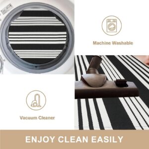 Striped Rug Outdoor Porch Rug Black Striped 23.5x51 inches Washable Layered Outdoor Doormat Front Door Mat Cotton Striped Outdoor Rug for Front Door Entryway Patio Laundry Kitchen