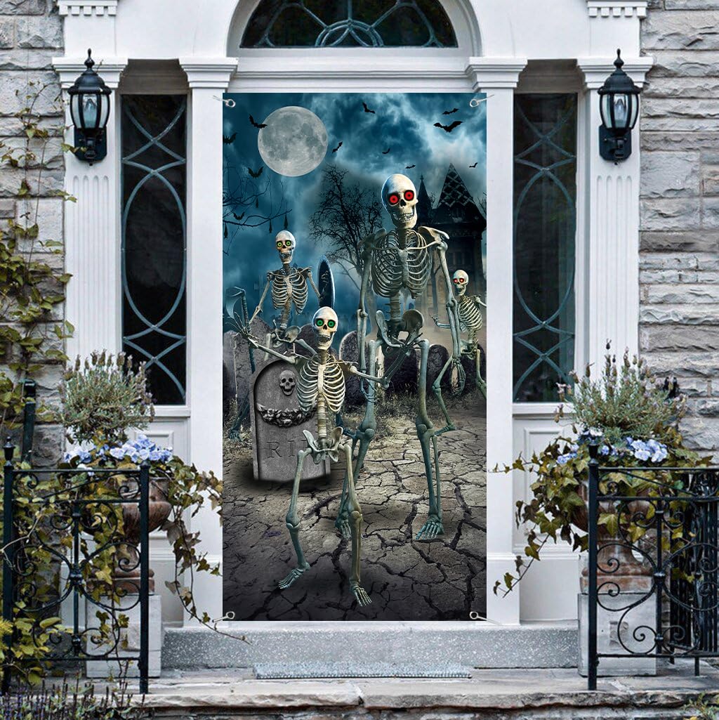 Generic Halloween Door Cover Decorations Scary Skeleton Theme Door Backdrop Halloween Photo Props Halloween Party Front Door Decorations Banner (6x3（180cmx90cm）)