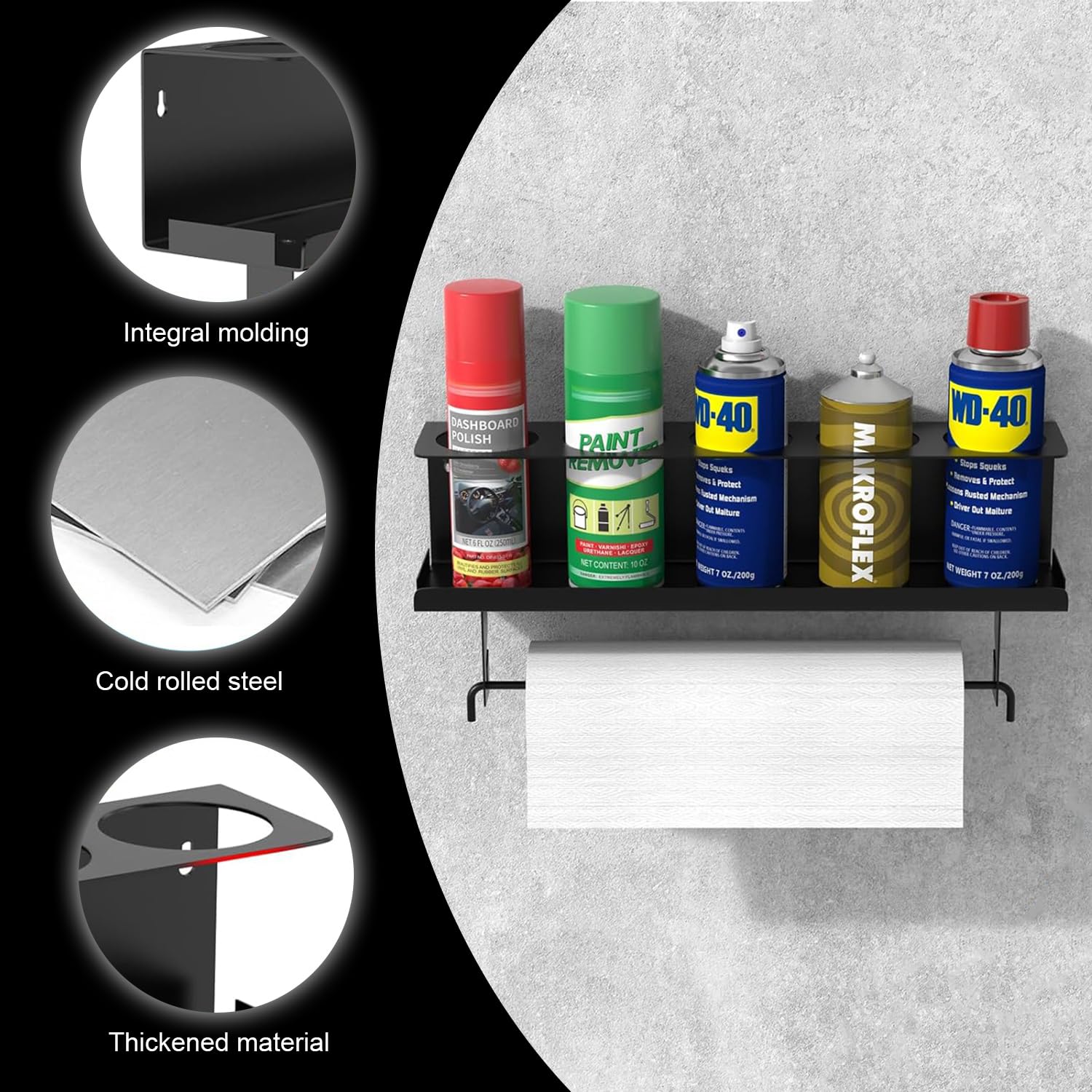 ABMISKAT 5 Spray Can and Paper Towel Holder, Black Wall Mount Steel Aerosol Paper Towel Shelf, Paint Bottle Storage Rack, Tool Organizer for Garage, Workspace and Home