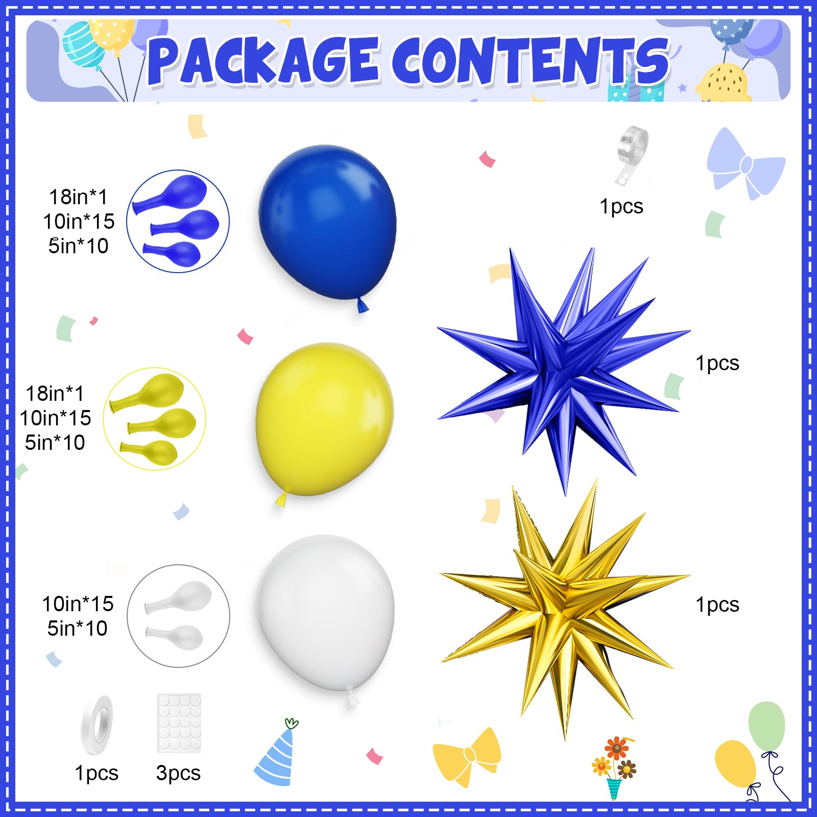 Blue Yellow Balloon Arch Kit, Royal Blue and Yellow White Balloons Garland Kit with 4D Foil Star Balloons, Yellow Blue Balloon for Baby Shower Anniversary Birthday Wedding Graduation Party Decoration