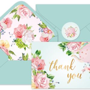 Whaline 36Pcs Floral Thank You Cards with Envelopes and Stickers Tea Party Greeting Cards Flower Teapot Blank Note Cards for Tea Party Weddings Bridal Shower