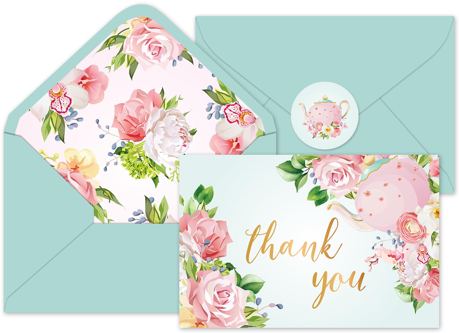 Whaline 36Pcs Floral Thank You Cards with Envelopes and Stickers Tea Party Greeting Cards Flower Teapot Blank Note Cards for Tea Party Weddings Bridal Shower