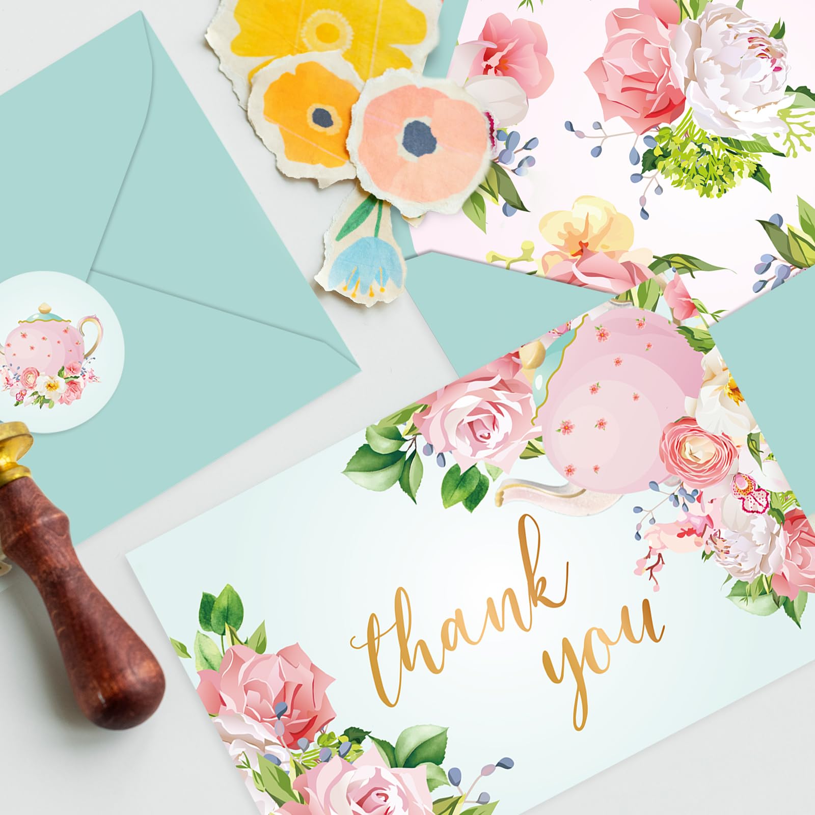 Whaline 36Pcs Floral Thank You Cards with Envelopes and Stickers Tea Party Greeting Cards Flower Teapot Blank Note Cards for Tea Party Weddings Bridal Shower