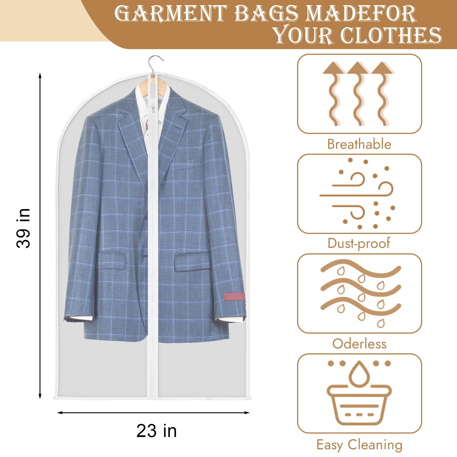 Garment Bags for Hanging Clothes, Garment Bags with Zipper, Garment Bags for Travel, Translucent Suit Bag for Hanging Clothes, Suits (23'' X 39'', 10 Pack)