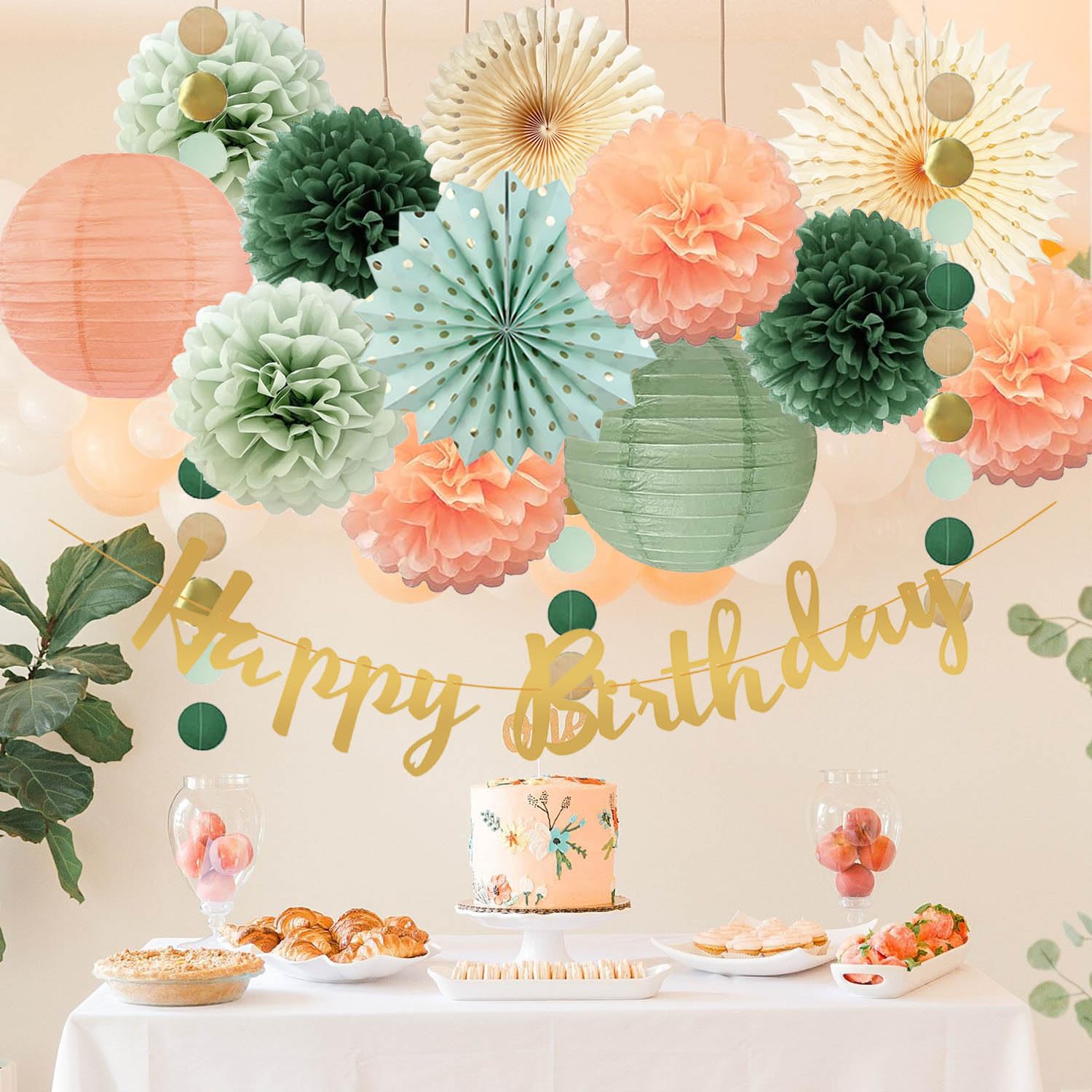 Sage Green and Peach Birthday Decorations Olive Sage Green Peach Tissue Paper Pom Poms Paper Lanterns Gold Happy Birthday Banner for Olive Sage Green and Peach Birthday Baby Shower Decorations