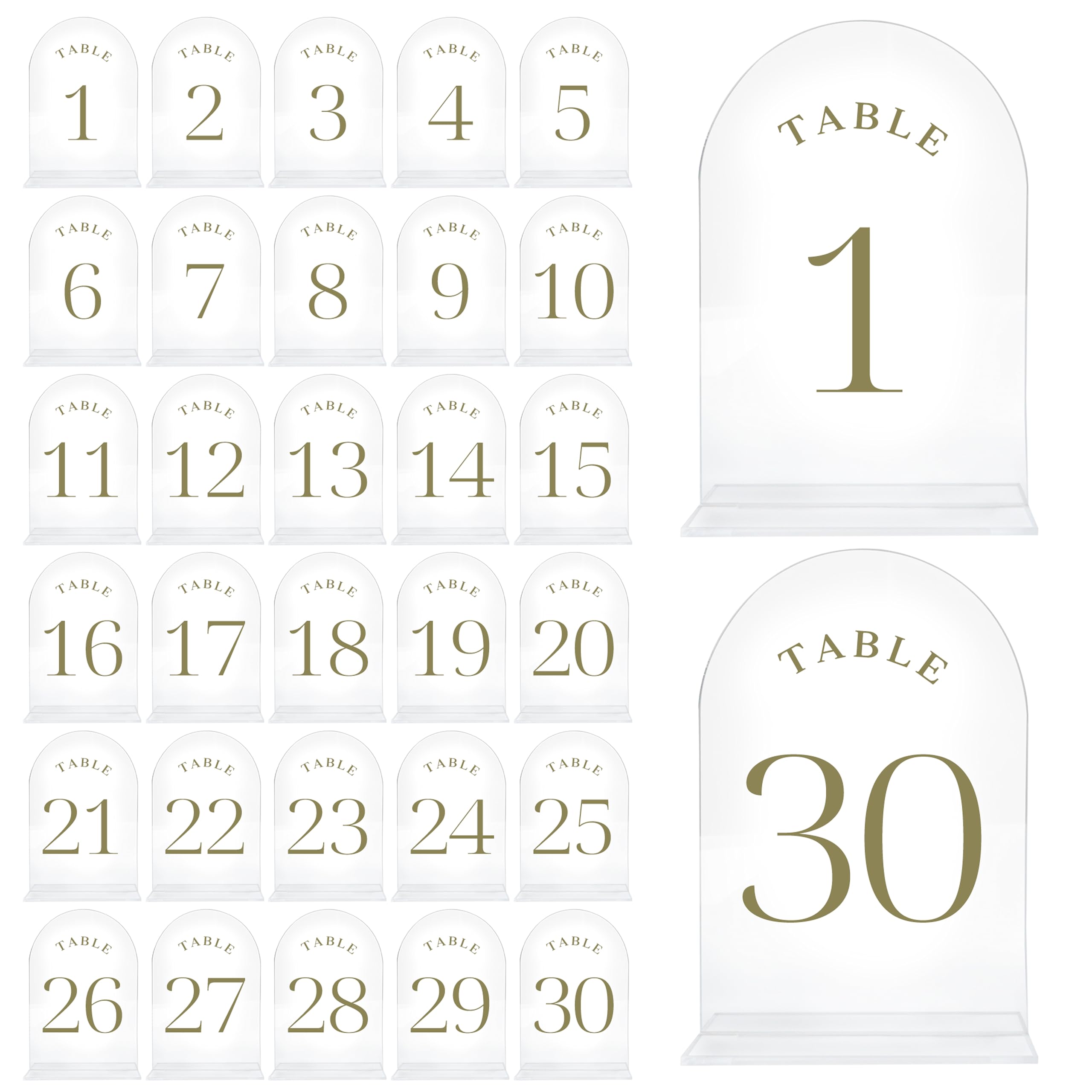 Table Numbers for Wedding Reception - Transparent Acrylic with Gold Writing, (Set of 1-30) Elegant Table Number Holders