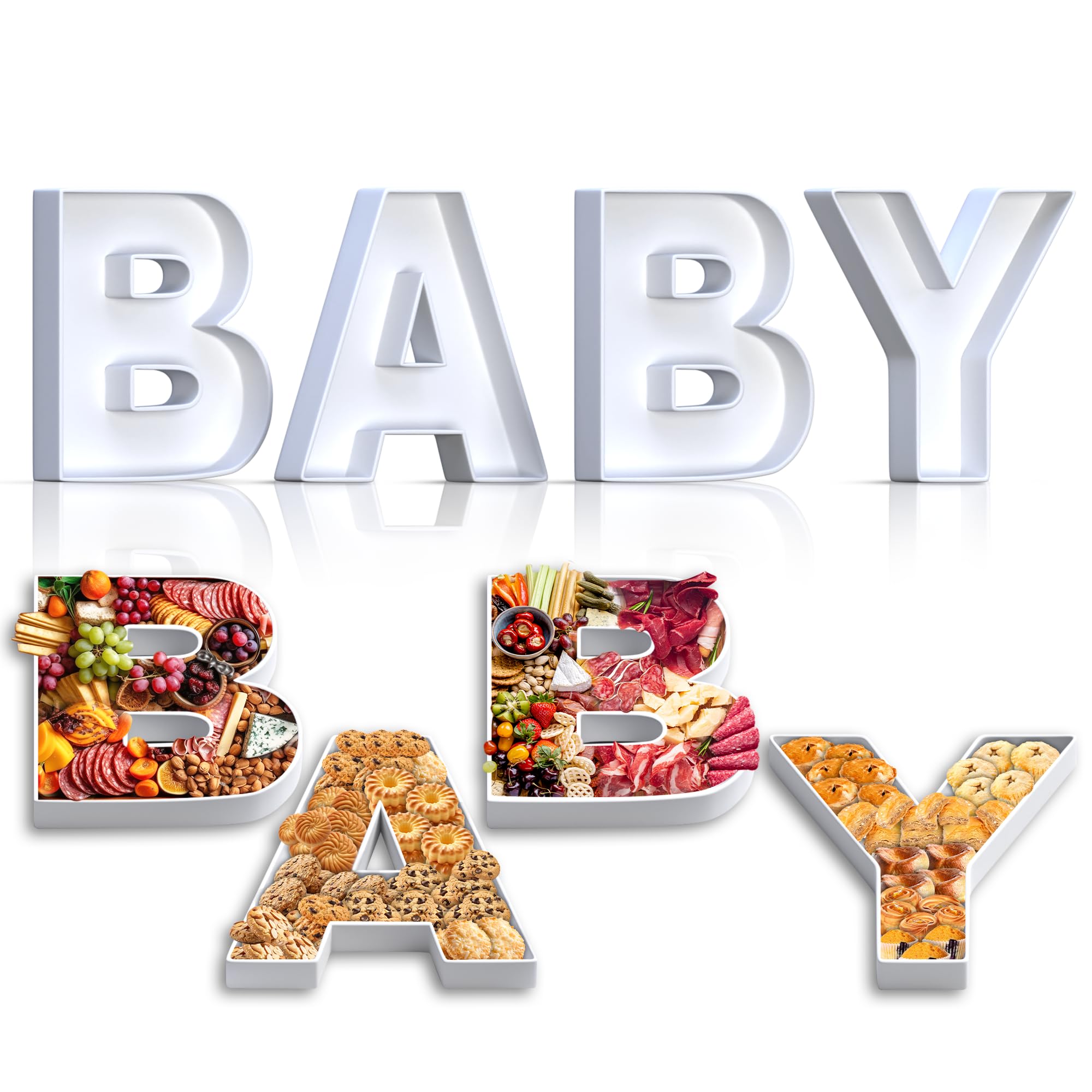 12" Baby letters for charcuterie board and fillable letters for food, Safe baby shower food display, baby shower serving trays and platters, 4 Pcs letter food trays for party from paper mache letters