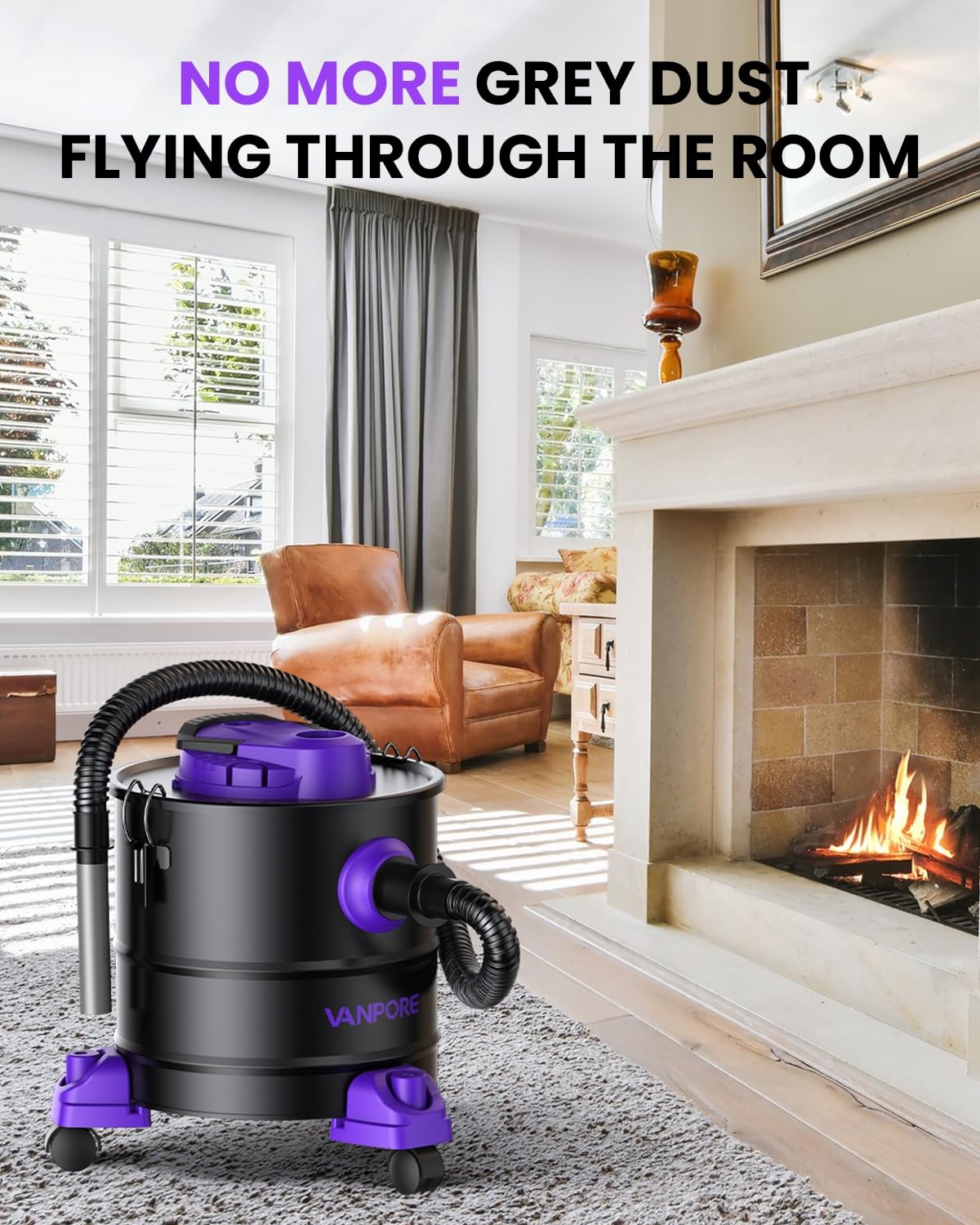 VANPORE Ash Vacuum for Pellet Stoves: 5.2 Gallon Fireplace Ash Vac with 1200w Powerful Suction & Wheeled Base - Ash Vacuum Cleaner for Fireplaces, Pellet Grill, Wood Stove, Fire Pits