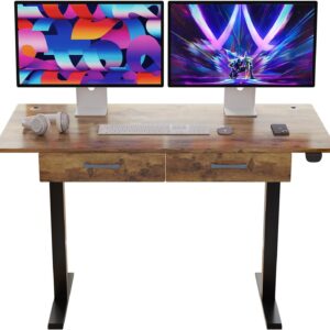 Our Modern Space 2-Drawer Height Adjustable 45" Electric Standing Desk - Upgraded Ultra Durable Home Office Large Rectangular Computer Table or Laptop Sit Stand Workstation - Maple