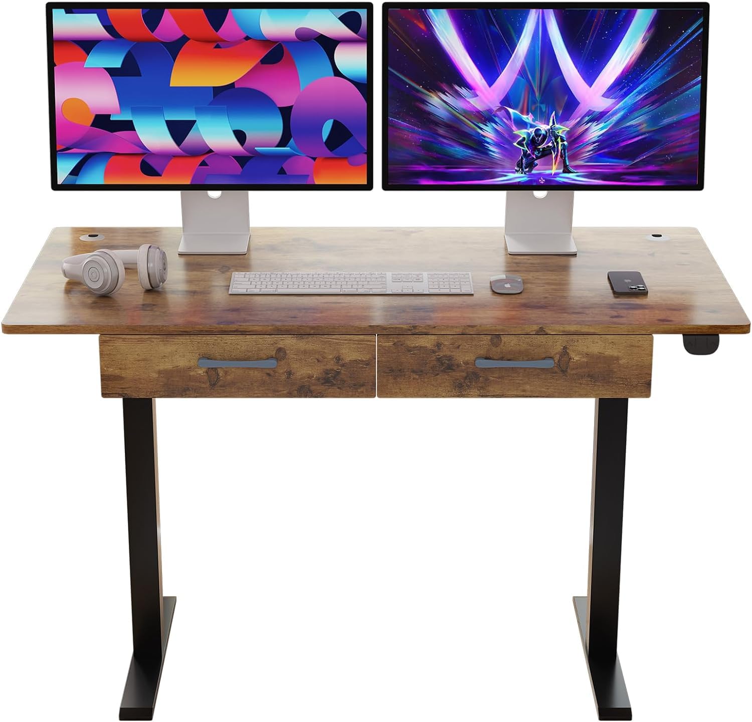 Our Modern Space 2-Drawer Height Adjustable 45" Electric Standing Desk - Upgraded Ultra Durable Home Office Large Rectangular Computer Table or Laptop Sit Stand Workstation - Maple