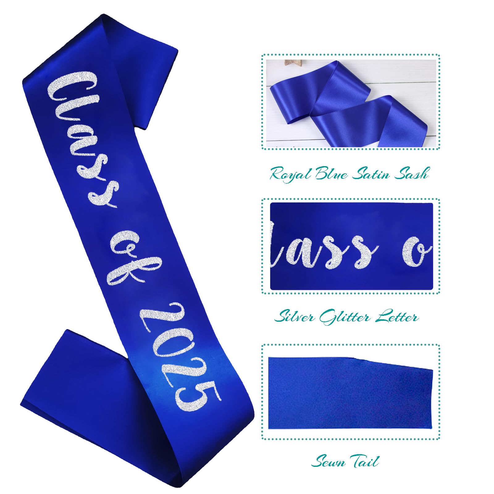 HUBEISIYU Class of 2025 Sash, Silver Glitter Letter Senior Sash 2025 Graduation Sash Finally Graduated Cheerleader Party Decorations, Royal Blue