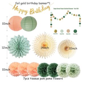 Sage Green and Peach Birthday Decorations Olive Sage Green Peach Tissue Paper Pom Poms Paper Lanterns Gold Happy Birthday Banner for Olive Sage Green and Peach Birthday Baby Shower Decorations