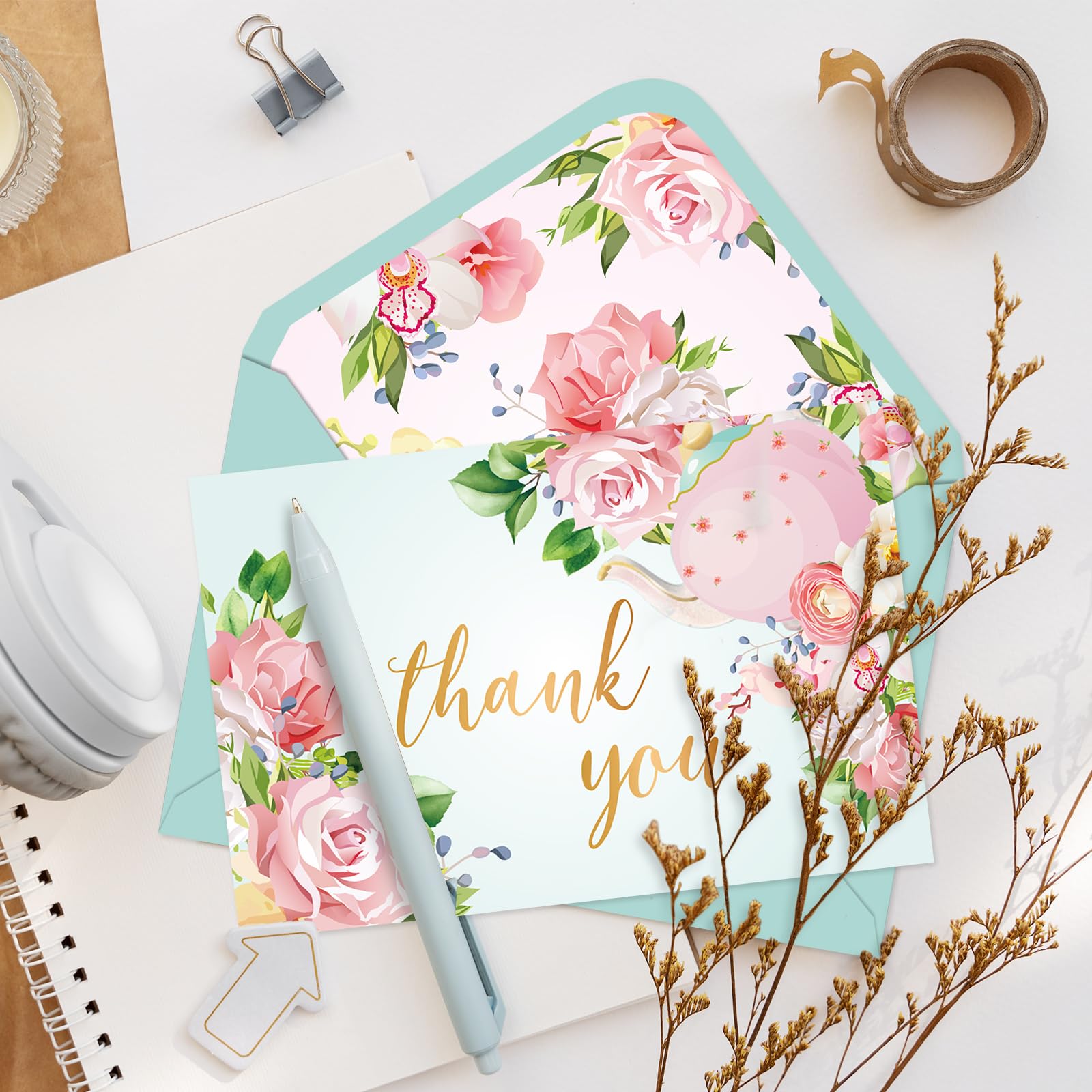 Whaline 36Pcs Floral Thank You Cards with Envelopes and Stickers Tea Party Greeting Cards Flower Teapot Blank Note Cards for Tea Party Weddings Bridal Shower