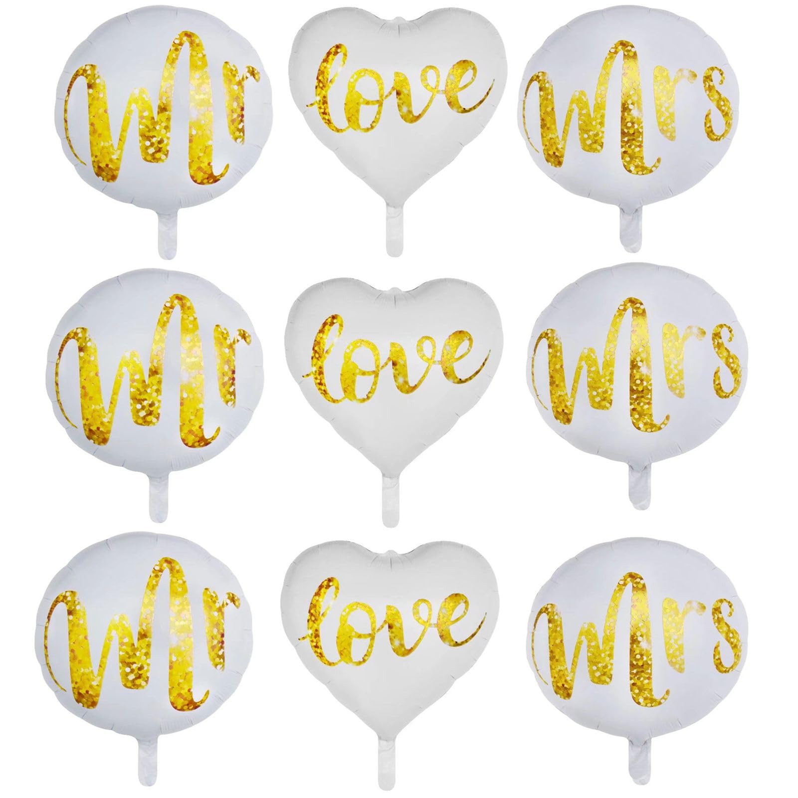 Totelux Wedding White Balloons Kit Glitter Mr Mrs Love Foil Balloons Round Heart Aluminum Balloons Set for Birthday Engagement Bridal Shower Party Decorations Supplies (9Pcs)