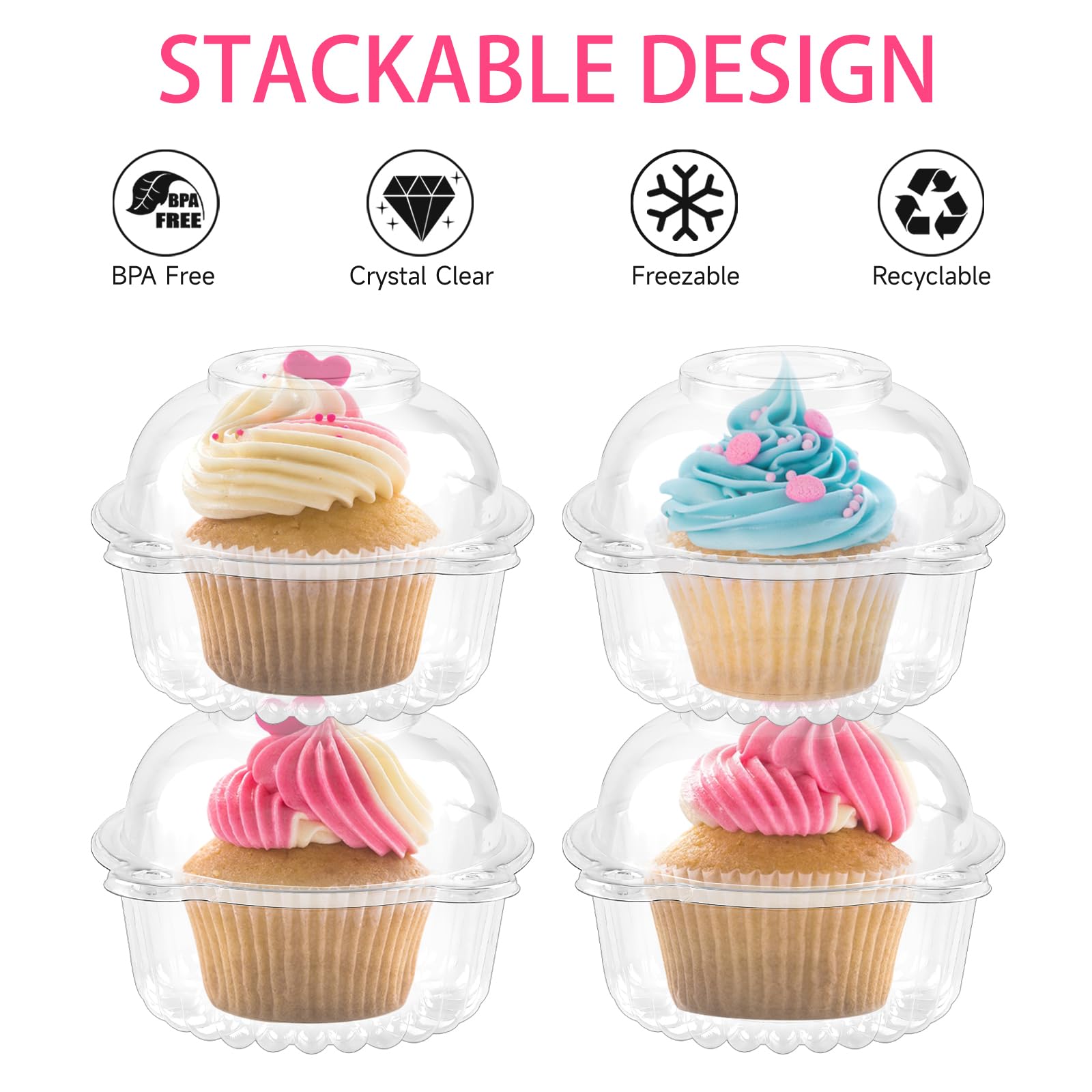 Zezzxu 100 Pack Individual Cupcake Containers, Clear Plastic Cupcake Holders with Dome Lids, Single Cupcake Carriers for Cupcakes, Hot Cocoa Bombs, Muffins, Pastries