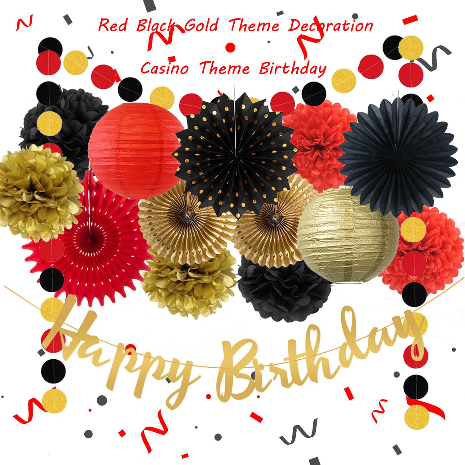 Red Black Gold Birthday Party Decorations Paper Lanterns Pom Poms Flowers Fans Casino Theme Party Decorations for Birthday Wedding Anniversary Bridal Shower Bachelorette Baby Shower Party