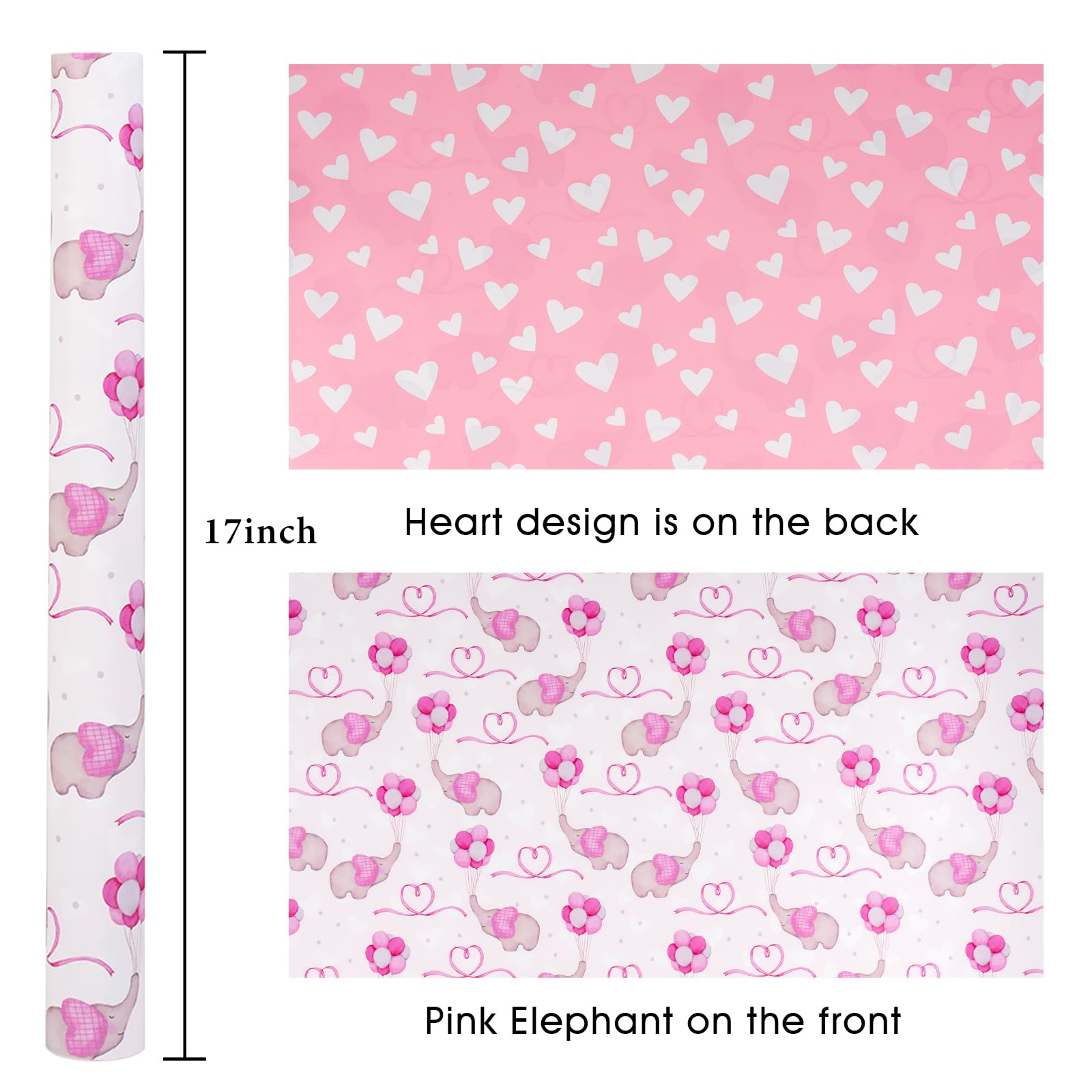 Flyhill Pink Adorable Elephant Baby Shower Wrapping Paper-Reversible Girly Baby Balloon & Love Heart Newborn Themed for Baby Shower,Birthday,Holiday-46.8sqft(17 In * 32.8 Ft)