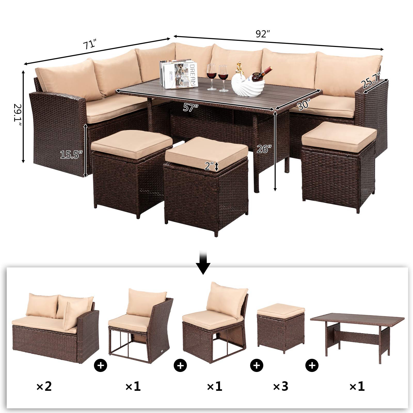 VINGLI 8 Pieces Outdoor Patio Furniture Set with Dining Table&Chairs, Wicker Patio Dining Set for 8, All Weather Outdoor Sectional Sofa Conversation Set with Ottoman