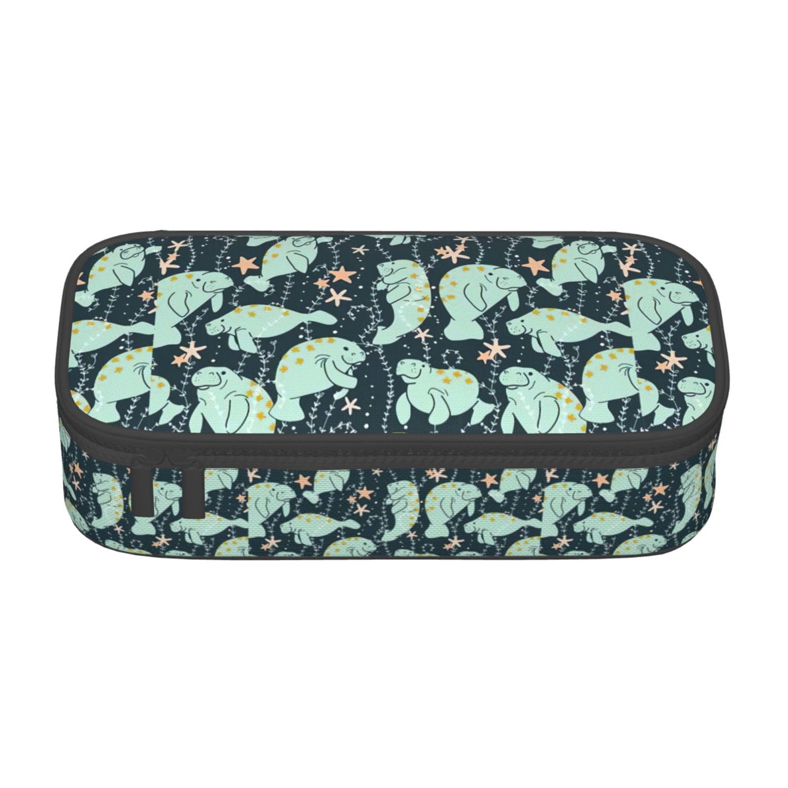 QHWLR Manatee Animals Calf print Pencil Case Large Capacity Pen Pouch for interlayer Adults Cosmetic Bag Supplies ﻿, Black