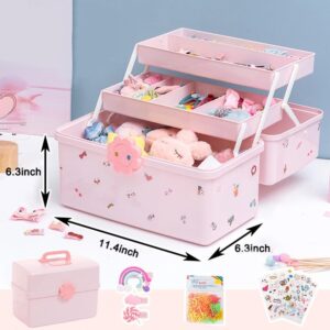 VUFVOID Kids hair accessories organizer Portable Cosmetic Toolbox with Drawers, 3-Layer Plastic Organizer for Girls, Hair Accessories, Art Supplies, Nail Polish, Pink