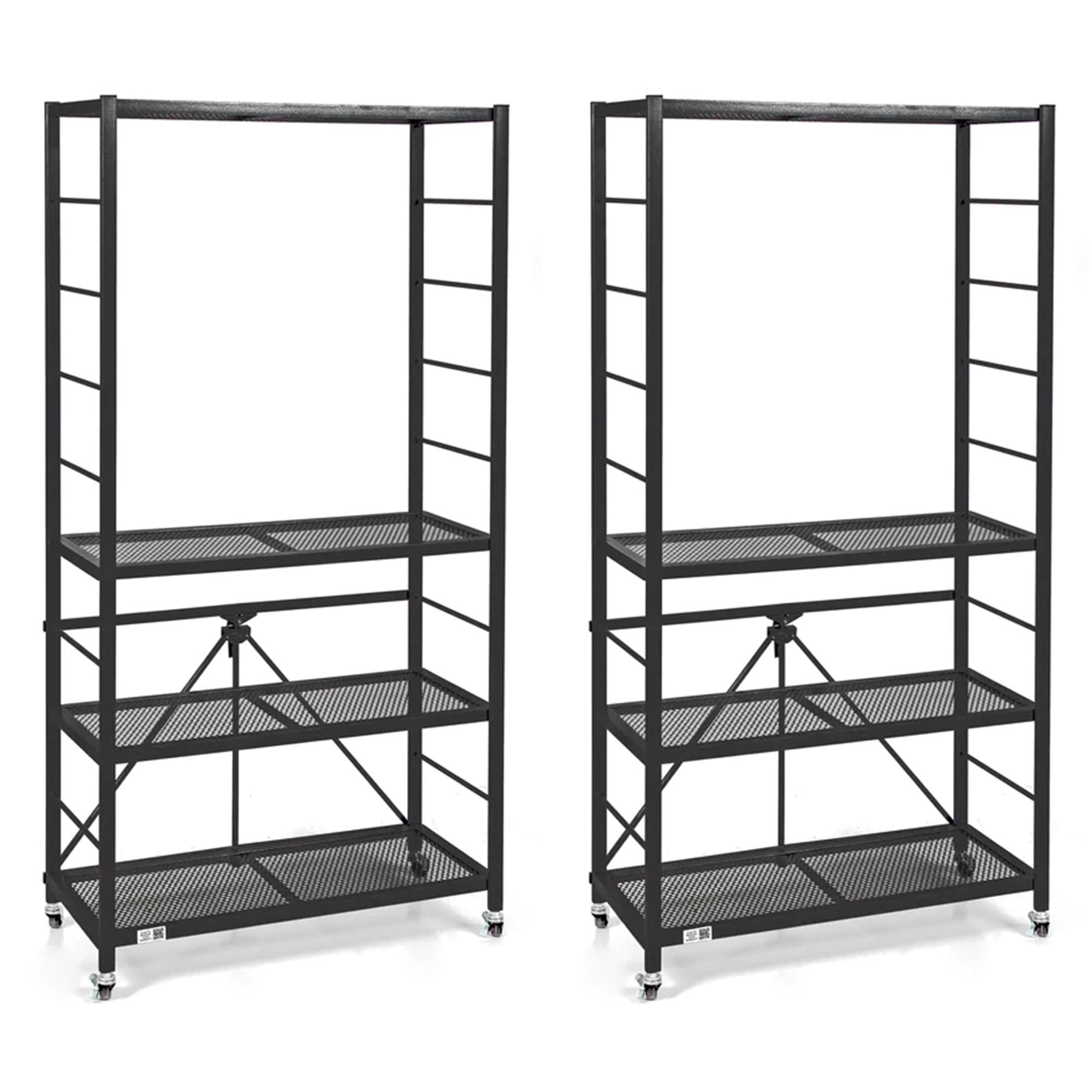 Origami R2 Series Folding Heavy Duty Steel Storage Rack Adjustable Shelving Portable Home Organization Unit with Wheels, Set of 2, Black