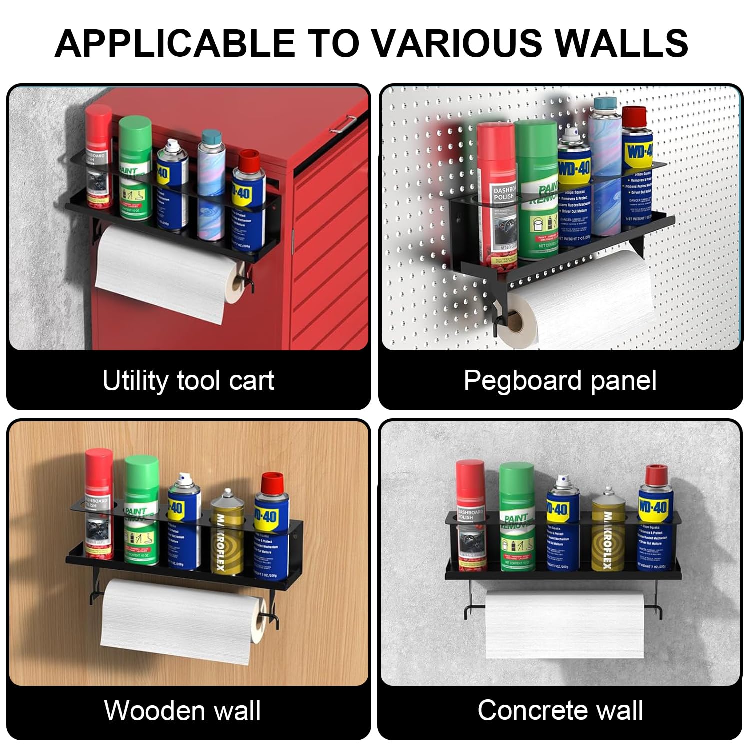 ABMISKAT 5 Spray Can and Paper Towel Holder, Black Wall Mount Steel Aerosol Paper Towel Shelf, Paint Bottle Storage Rack, Tool Organizer for Garage, Workspace and Home