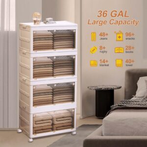 Wamnexti Stackable Storage Bins with Lids, 36Gal Collapsible Storage Cabinet with Wheels, 4 Tier Folding Storage Box with Doors for Home, Pantry, Office, Closets, Dorm Room, Trunk Car Organizer