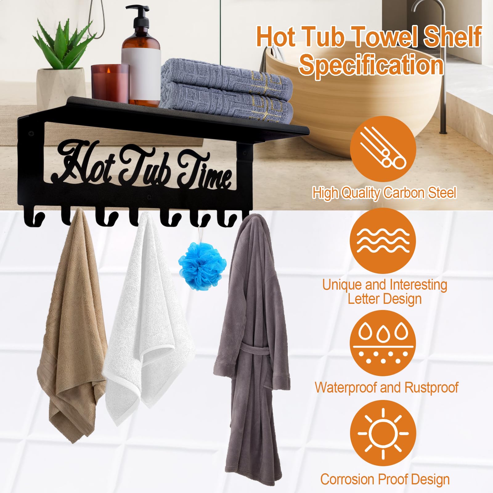 Hot Tub Towel Rack 8 Hooks with Shelf, Bathroom Towel Holder Organizer, Outdoor Wall Mount Hot Tub Accessories Decor to Hold Towels Robes and Coats in Bath, Hot Spring, Swim Pool, Hotel