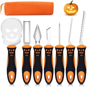 bymugo 7 pcs halloween pumpkin carving kit, professional heavy duty stainless steel tools, carving knives and scoops, ergonomic handle pumpkin carving set, halloween party decoration supplies