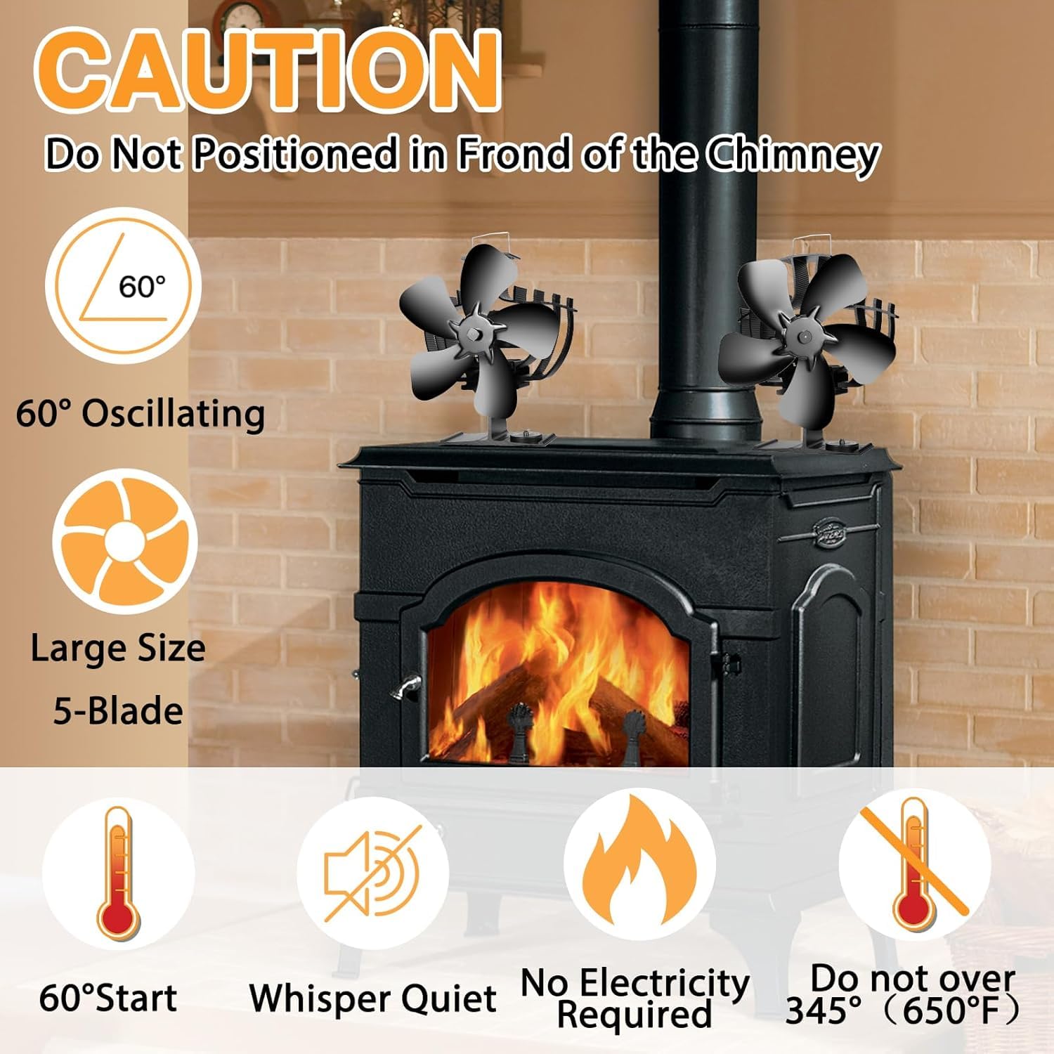 CWLAKON Wood Stove Fan 60° Oscillating Large Size, 5 Blades Heat Powered Stove Fan, Silent Eco Stove Top Fans with Thermometer, Non Electric Fireplace Fan for Gas, Pellet, Wood Burning Stove