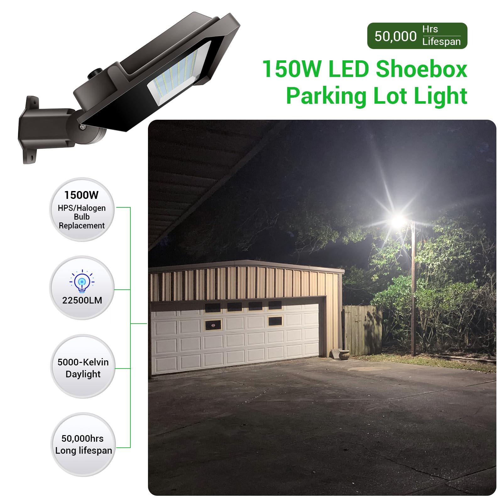 SZGMJIA 150W LED Parking Lot Lighting, Street Light 22,500 Lumen Super Bright 5000K Daylight White Replaces 1500W Halide Shoebox Pole Lights with photocell for Stadium Parking Lot Roadways