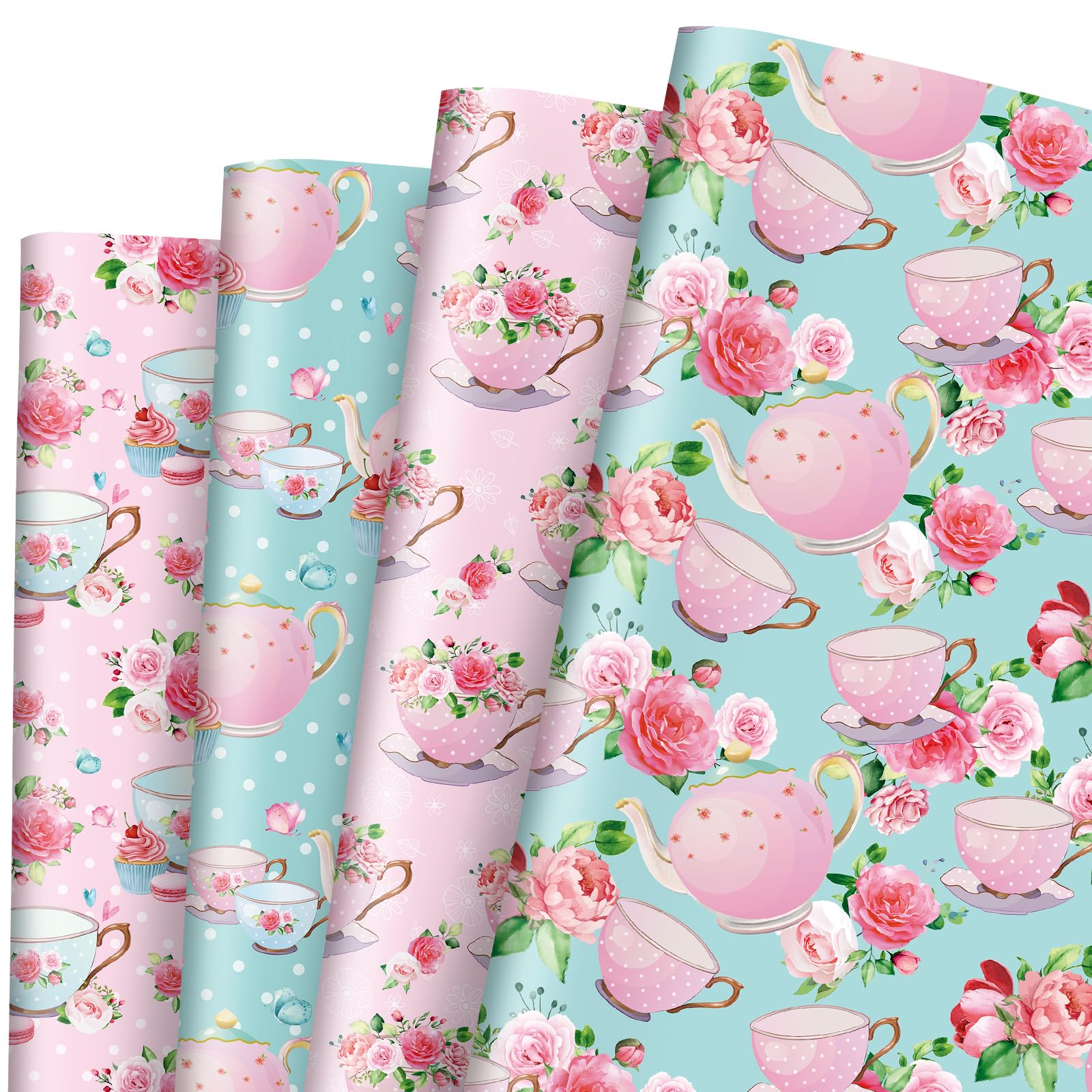 JarThenaAMCS 8 Sheet Tea Party Wrapping Paper -Not Roll- Watercolor Pink Floral Teapot Gift Wrap Paper Folded Flat Art Paper for DIY Crafts Gift Wrapping