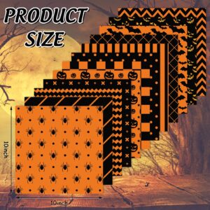 Whaline 12Pcs Halloween Cotton Fabric Bundles 10 x 10 Inch Spider Pumpkin Bat Plaid Stripe Dot Fat Quarters Orange Black Squares Sewing Fabrics for DIY Craft Party Decor