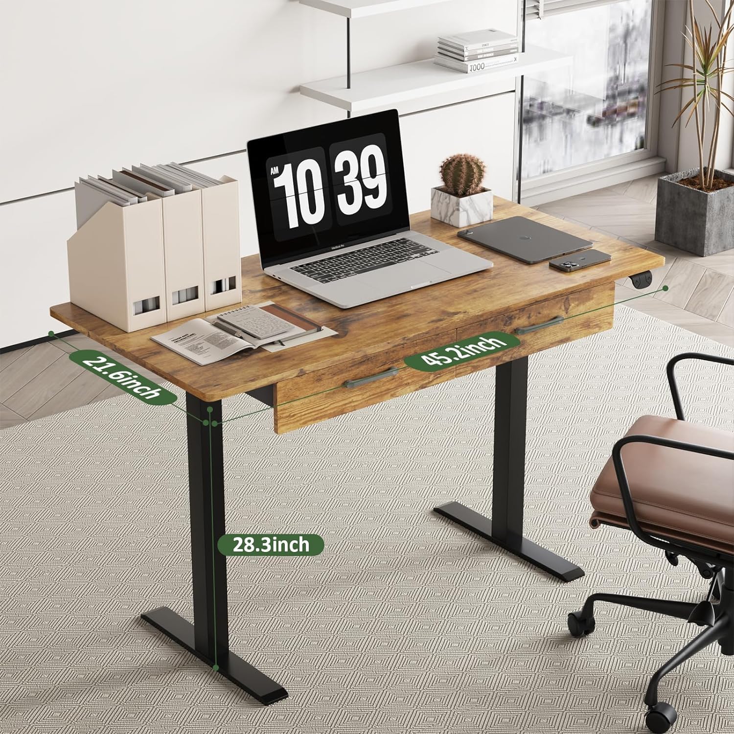 Our Modern Space 2-Drawer Height Adjustable 45" Electric Standing Desk - Upgraded Ultra Durable Home Office Large Rectangular Computer Table or Laptop Sit Stand Workstation - Maple