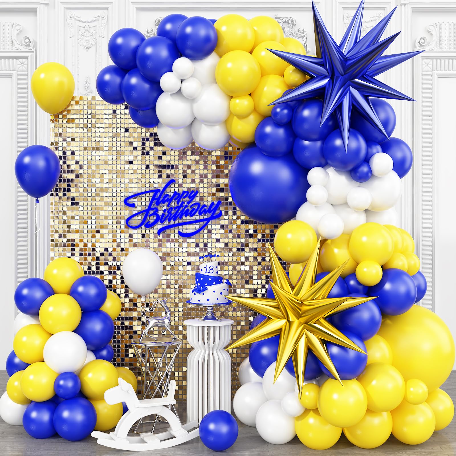 Blue Yellow Balloon Arch Kit, Royal Blue and Yellow White Balloons Garland Kit with 4D Foil Star Balloons, Yellow Blue Balloon for Baby Shower Anniversary Birthday Wedding Graduation Party Decoration