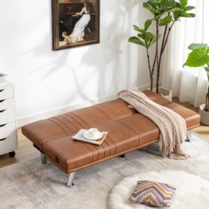 VECELO Sectional Convertible Sofa Bed Faux Leather Folding Sleeper Futon for Living Room, Brown