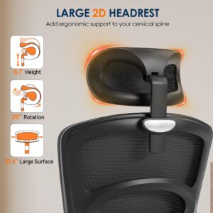 GABRYLLY Ergonomic Office Chair, High-Back Desk Chairs with Adjustable Lumbar Support, Headrest, Tilt Function, Soft Wide Seat and 3D Armrest, 300 LBS Sturdy Home Mesh Chair Task Chairs, GY1070