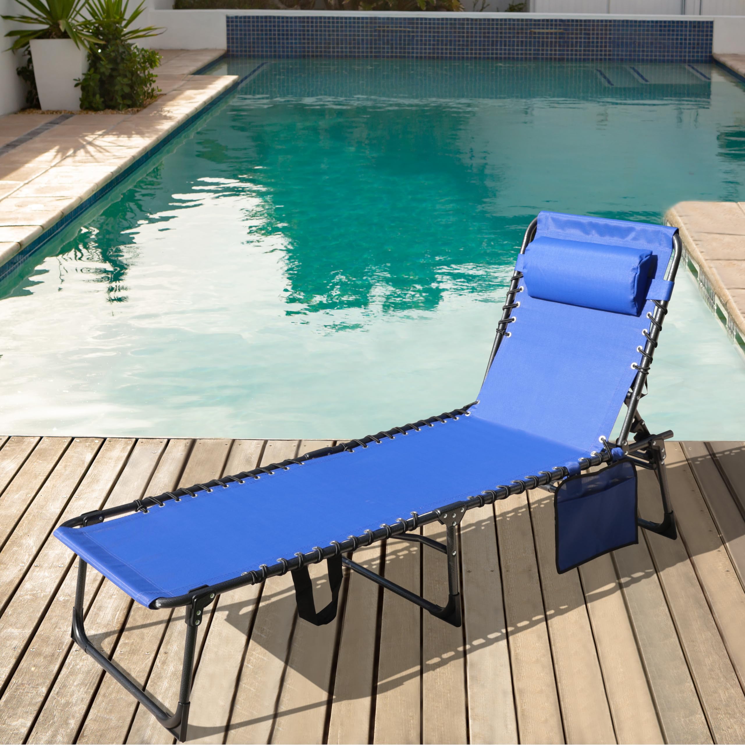 Yardenaler Outdoor Foldable Chaise Lounge Chair with Detachable Pillow & Pocket, Portable Tanning Chair with 4 Position Adjustable Back, Patio, Beach and Pool, Blue