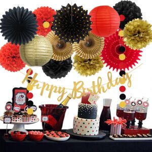 Red Black Gold Birthday Party Decorations Paper Lanterns Pom Poms Flowers Fans Casino Theme Party Decorations for Birthday Wedding Anniversary Bridal Shower Bachelorette Baby Shower Party