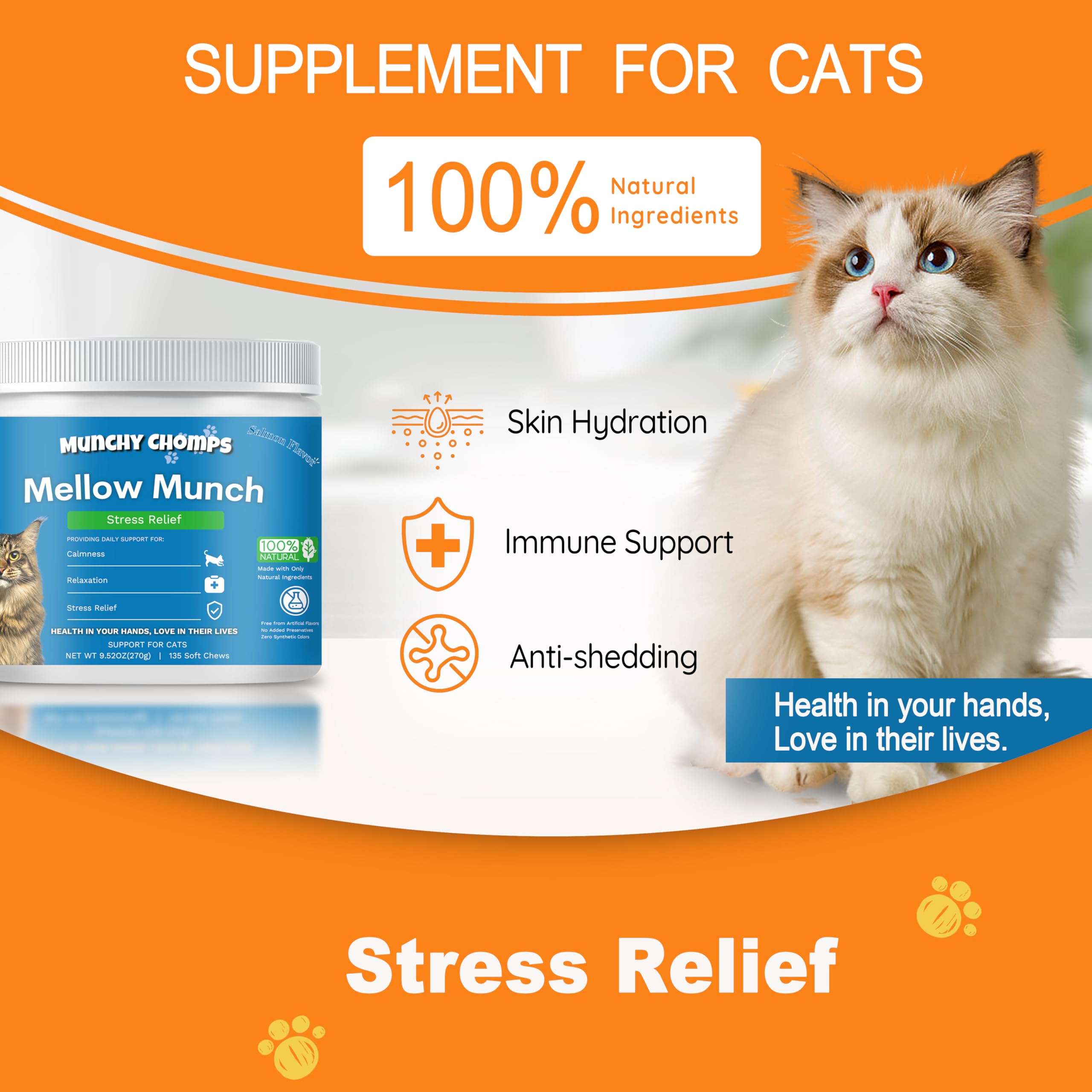 Munchy Chomps Calming Care Support for Cats - Stress Relief & Mellow Calming Chews with Hemp Seed & L-Theanine - Promotes Relaxation & Composure During Stressful Situations (Salmon)