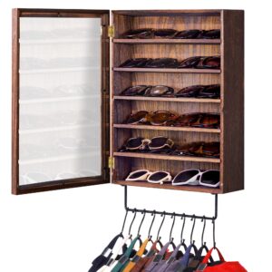 mocas sunglasses organizer storage wall mounted, wood eyeglasses display holder with 10 hooks, eyeglass organizer for multiple glasses, dust proof sunglasses storage case