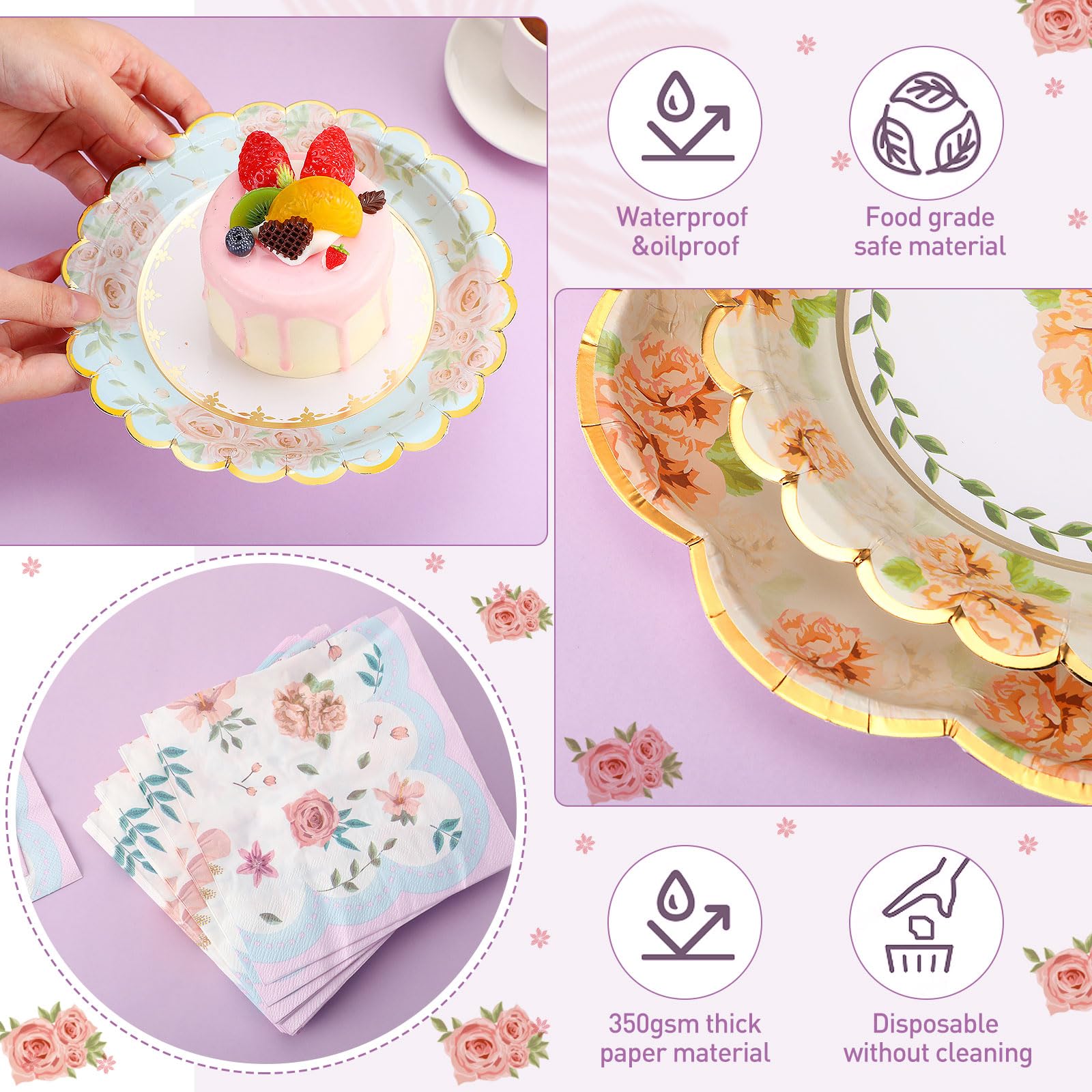 Skybooly 144 Pcs Tea Birthday Party Decorations Tableware for 48 Guests Tea Party Plates and Napkins Sets Disposable Tea Party Decor Dinnerware for Tea Party Bridal Baby Shower Wedding (Floral)