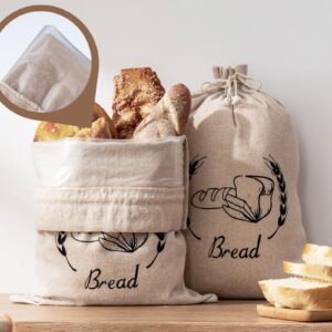 2 pack bread bags for homemade bread sourdough, reusable linen sourdough bread bags with plastic lining, large 17“×13” homemade bread cloth storage bags for artisan bread, round loaf, sourdough