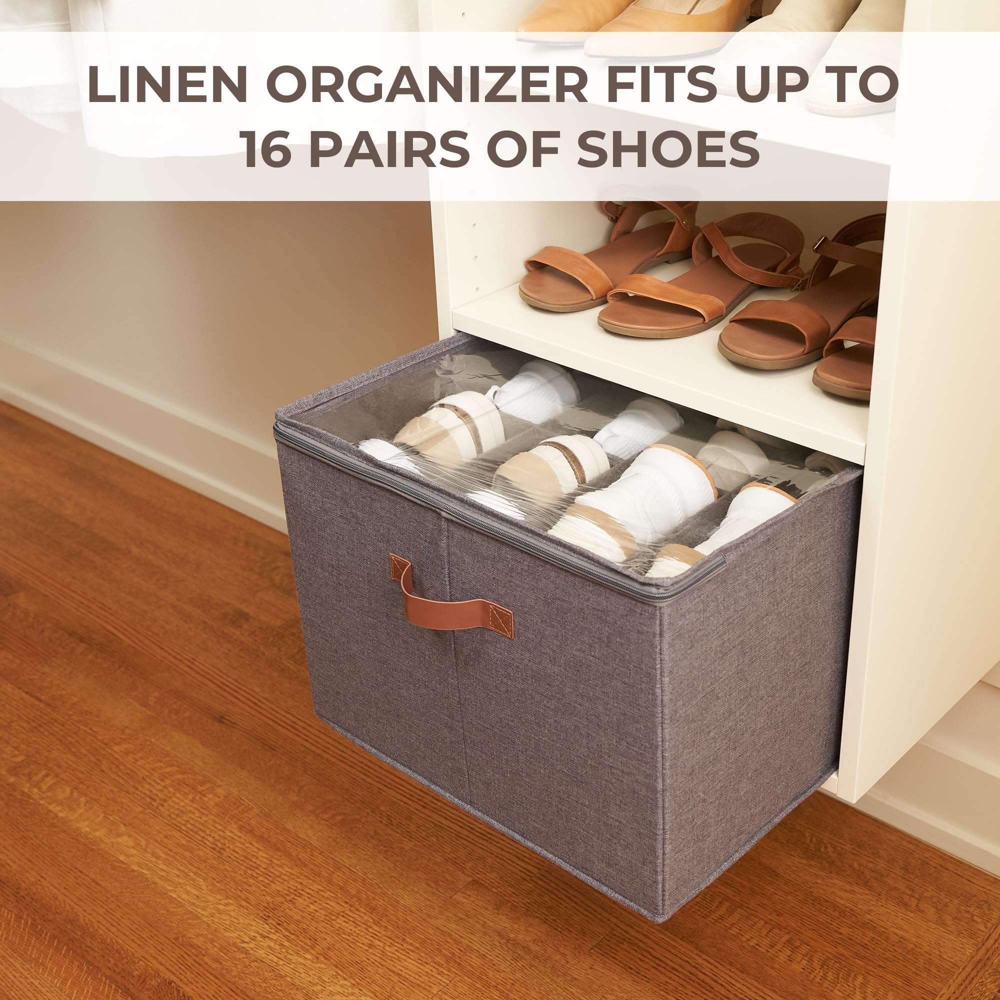 ZICOTO Beautiful Shoe Organizer For Your Closet - Spacious Linen Shoe Storage Box With Adjustable Compartments For Space Saving Storage - Quality Holder to Store Your Shoes For Easy Access