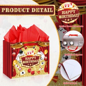 Large Casino Birthday Favor Gift Bags with Card Tissue Paper Red Happy Birthday Treat Gift Bags Las Vegas Poker Themed Gift Wrapping Paper Bag for Men Women Christmas Casino Birthday Party Decorations Supplies