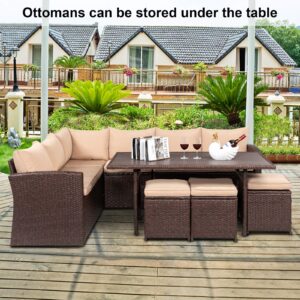 VINGLI 8 Pieces Outdoor Patio Furniture Set with Dining Table&Chairs, Wicker Patio Dining Set for 8, All Weather Outdoor Sectional Sofa Conversation Set with Ottoman