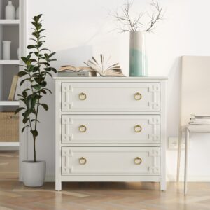 COZAYH Farmhouse 3-Drawer Dresser, Fully-Assembled French Country Chest of Drawers with Embossed Geometric Lines, Rustic Dresser for Bedroom, Living Room, White